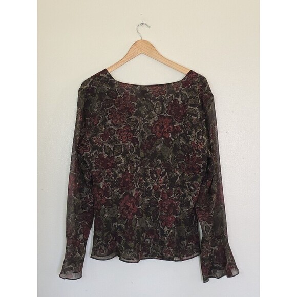 Ann Taylor LOFT Womens Top Blouse Long Bell Sleeve Floral Silk Size 14 Brown - Picture 8 of 10